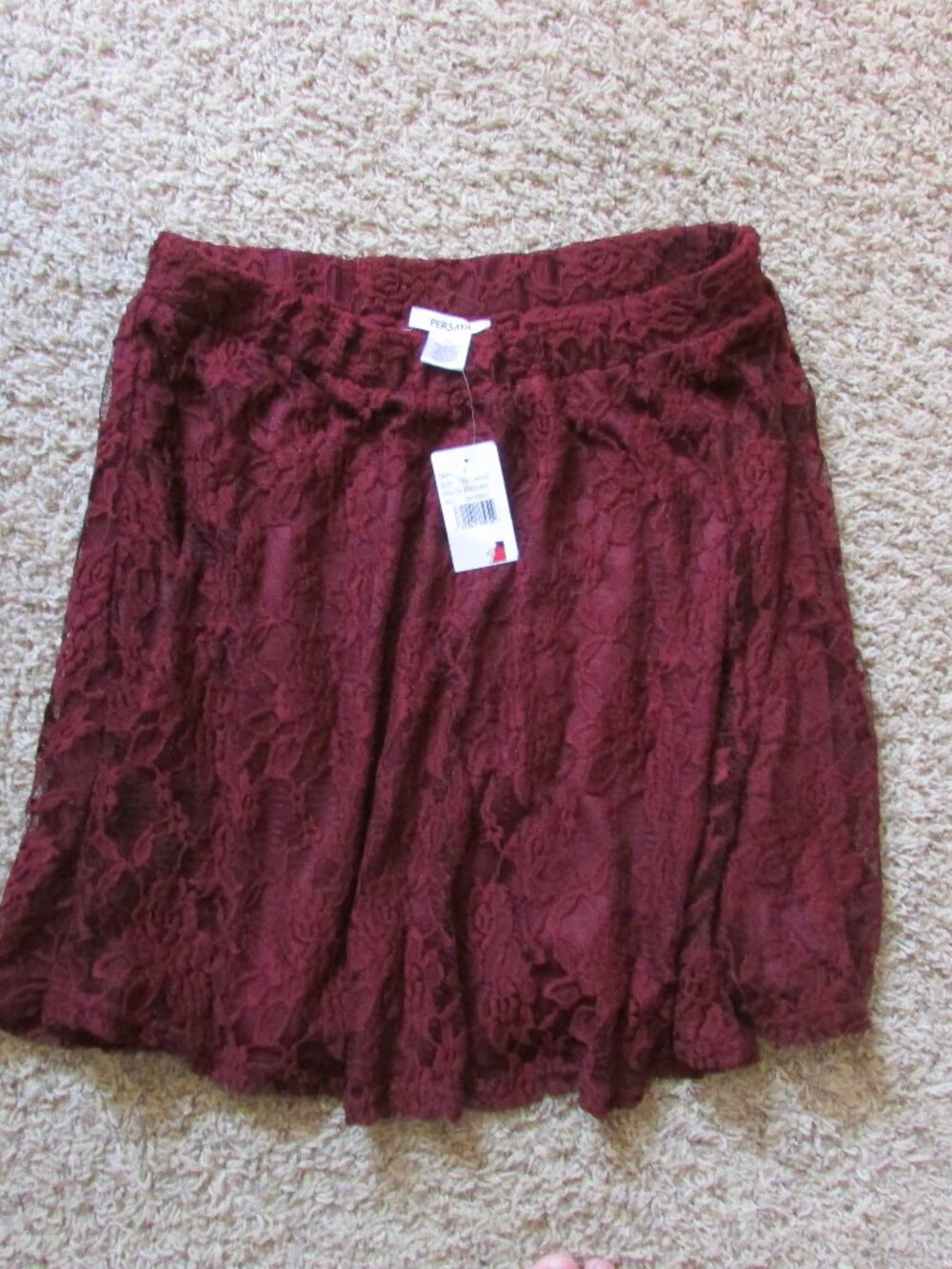 NWOT Persaya XXL Lace Overlay Burgundy Floral Short Skirt Elastic Waistband